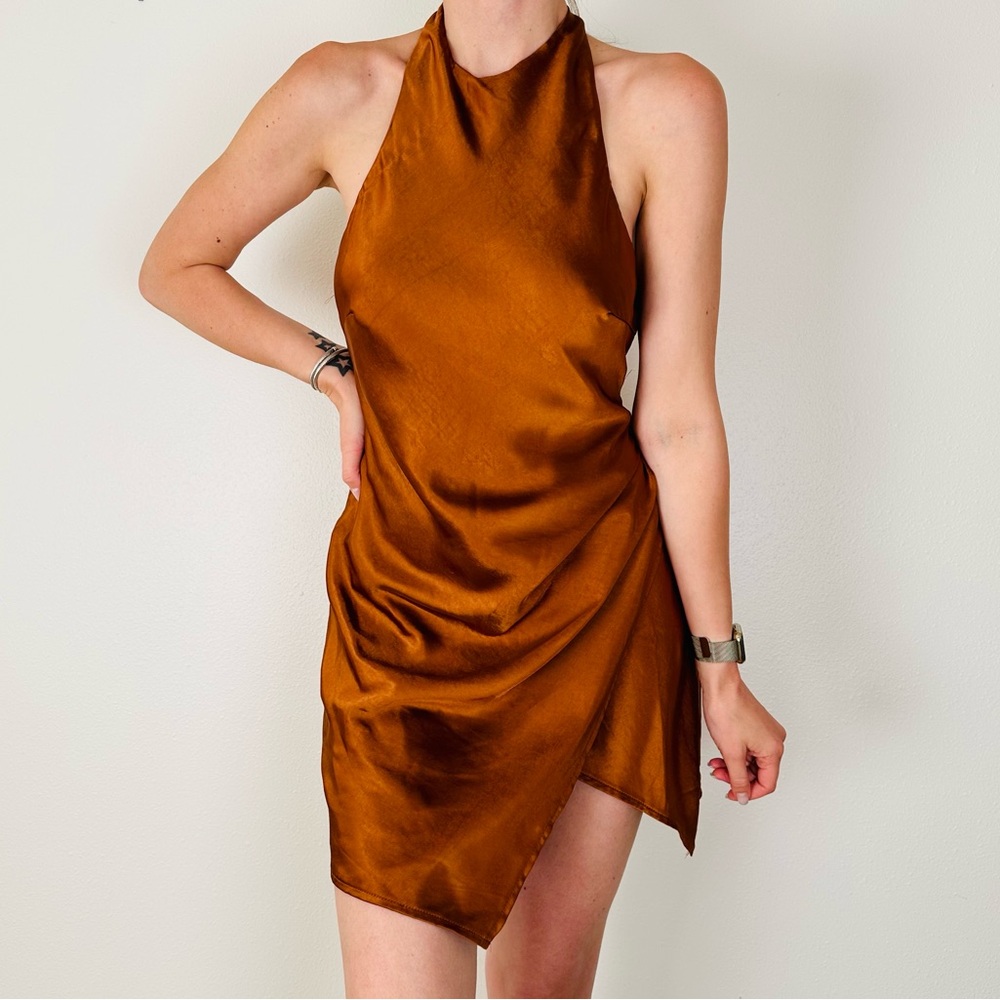 New Hello Molly bronze mini halter dress open back
